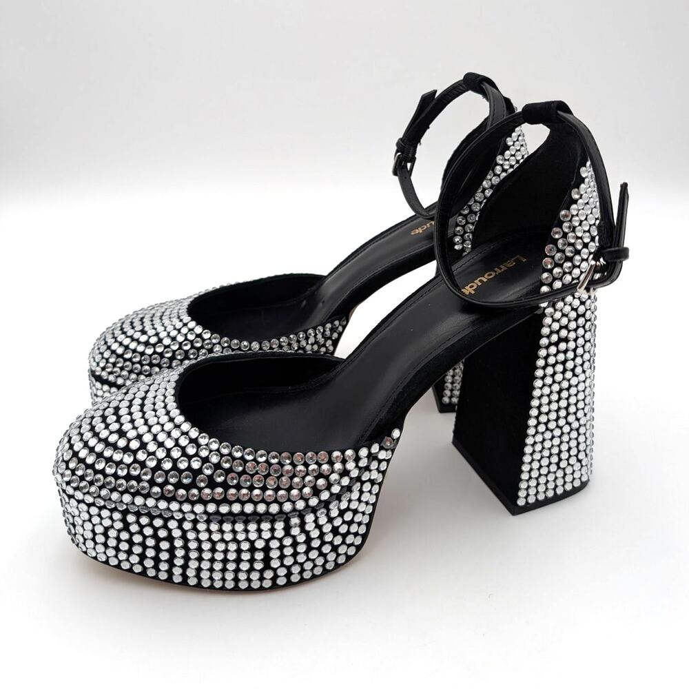 Larroudé Ari Crystal Pump Ankle Straps Women's Black Suede Size US10 EU40.5